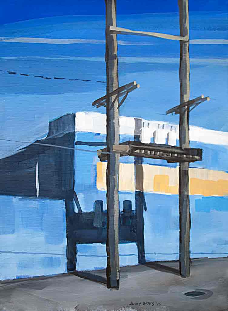 power untility poles casting shadow on factory wall