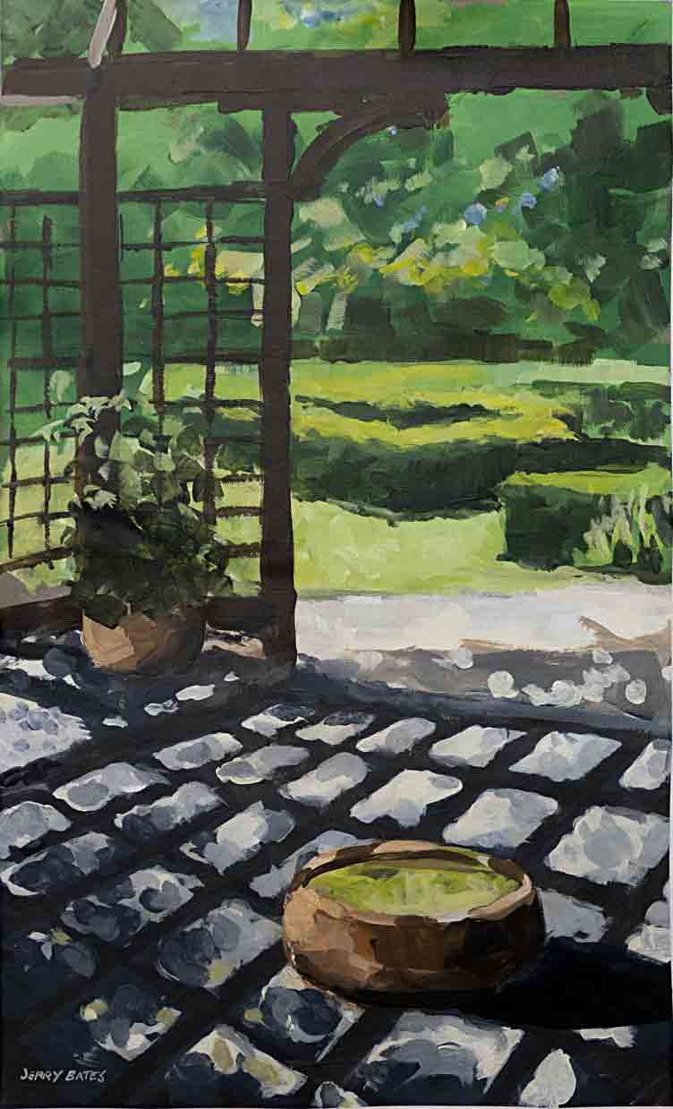 sun streaming through latice covered structure