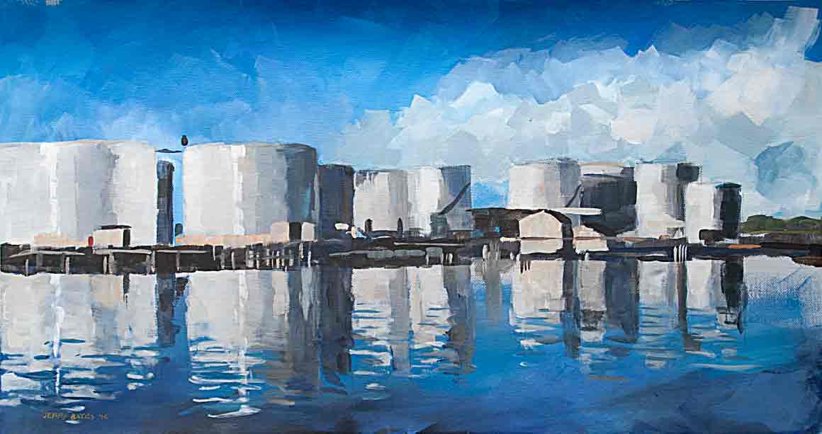 Oil storage tanks on bay shore