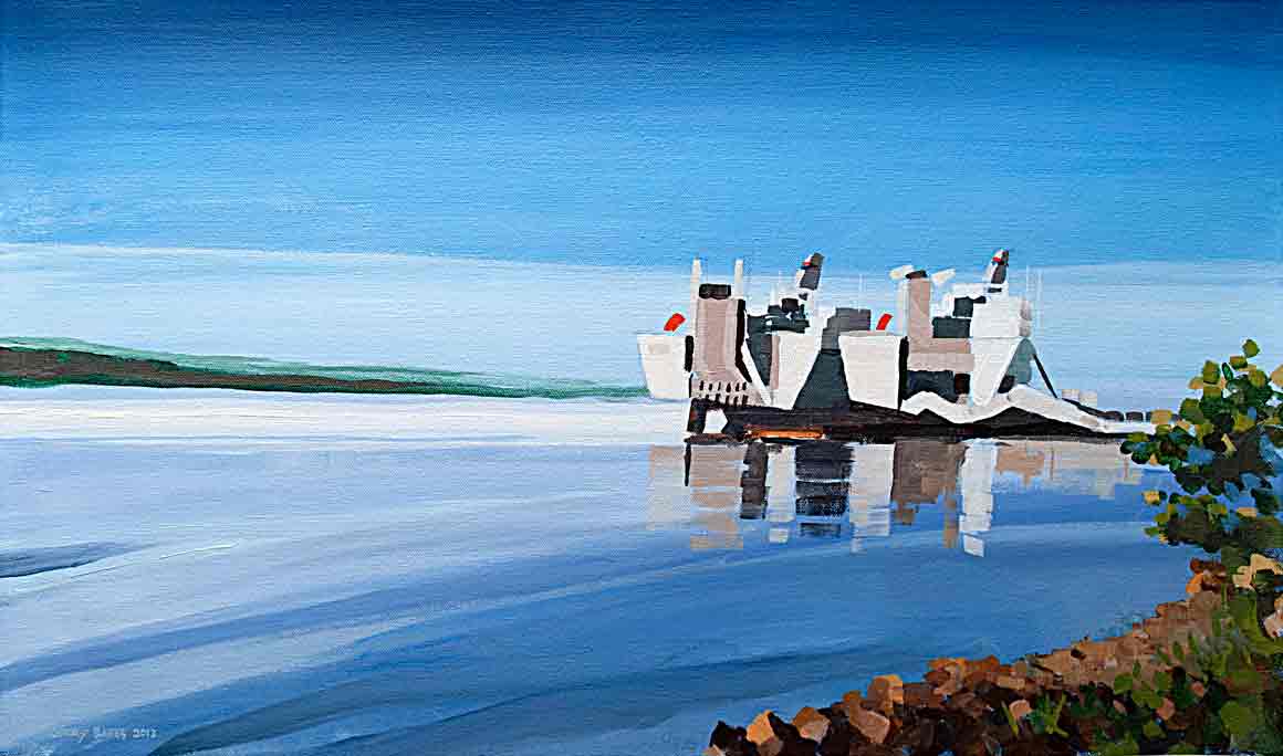 automobile cargo ships at dock on bay horizon